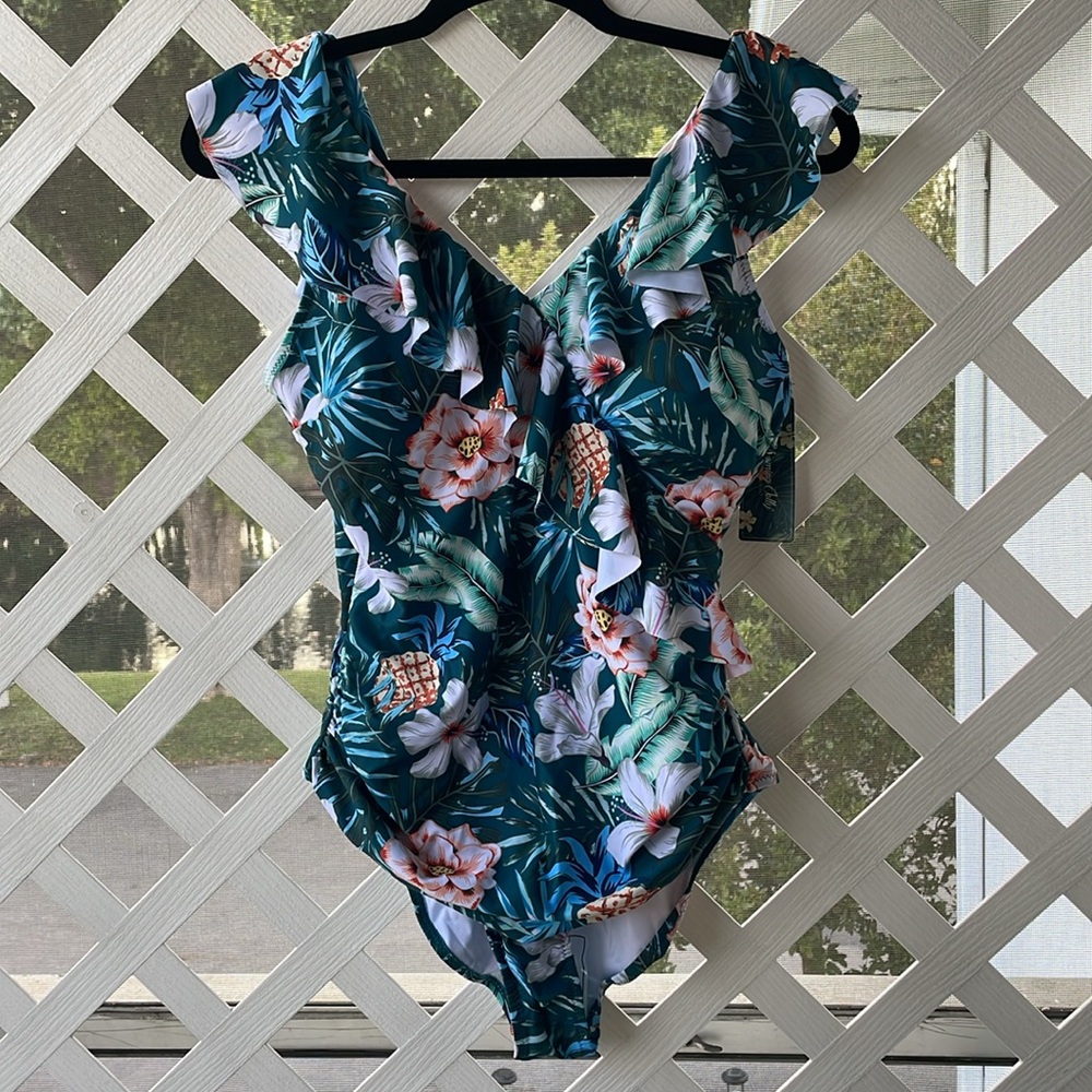 Blooming Jelly V-Neck Ruffle Trim Tummy Slimming Swimsuit - Picture 2 of 13